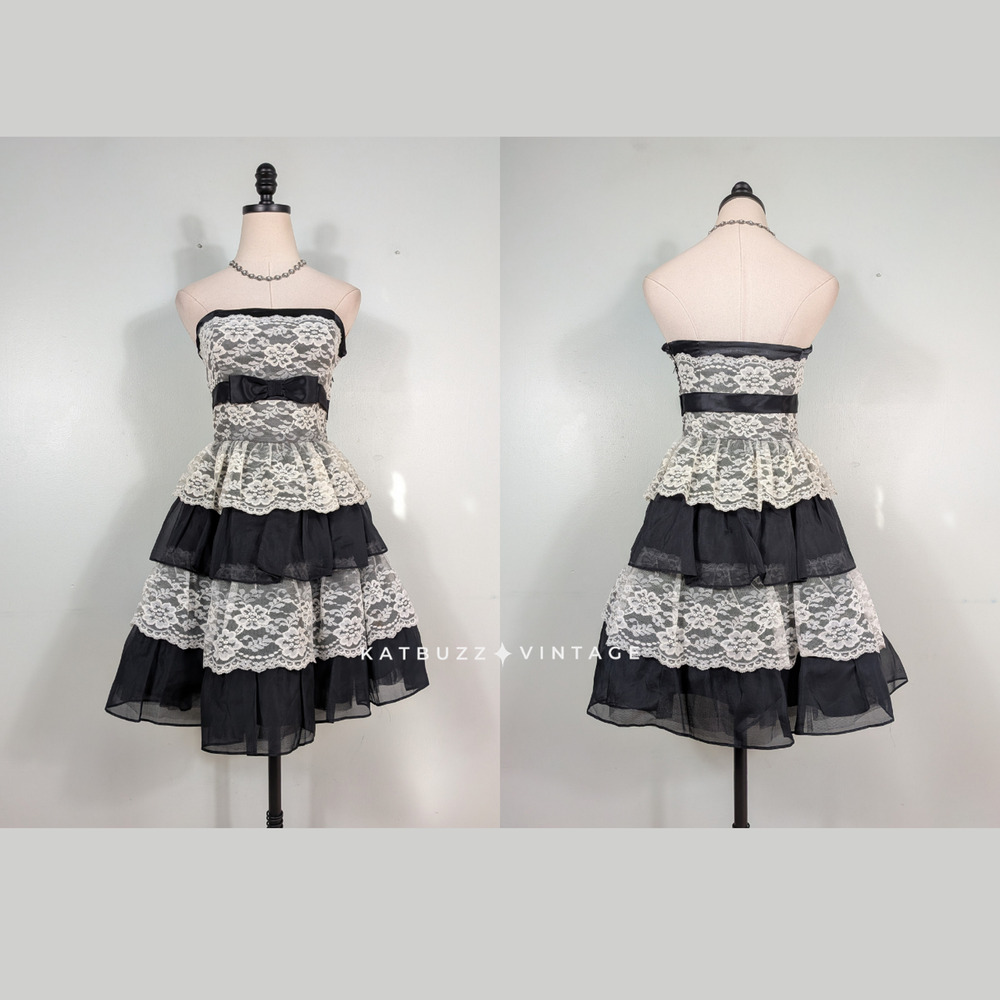 Vintage Betsey Johnson Prom Dress Mini Gown XS Black Cream Lace Coquette Ruffle